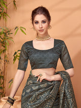 TARANG-Elegant Charcoal Grey Tribal Print Saree with Artistic Ethnic Patterns