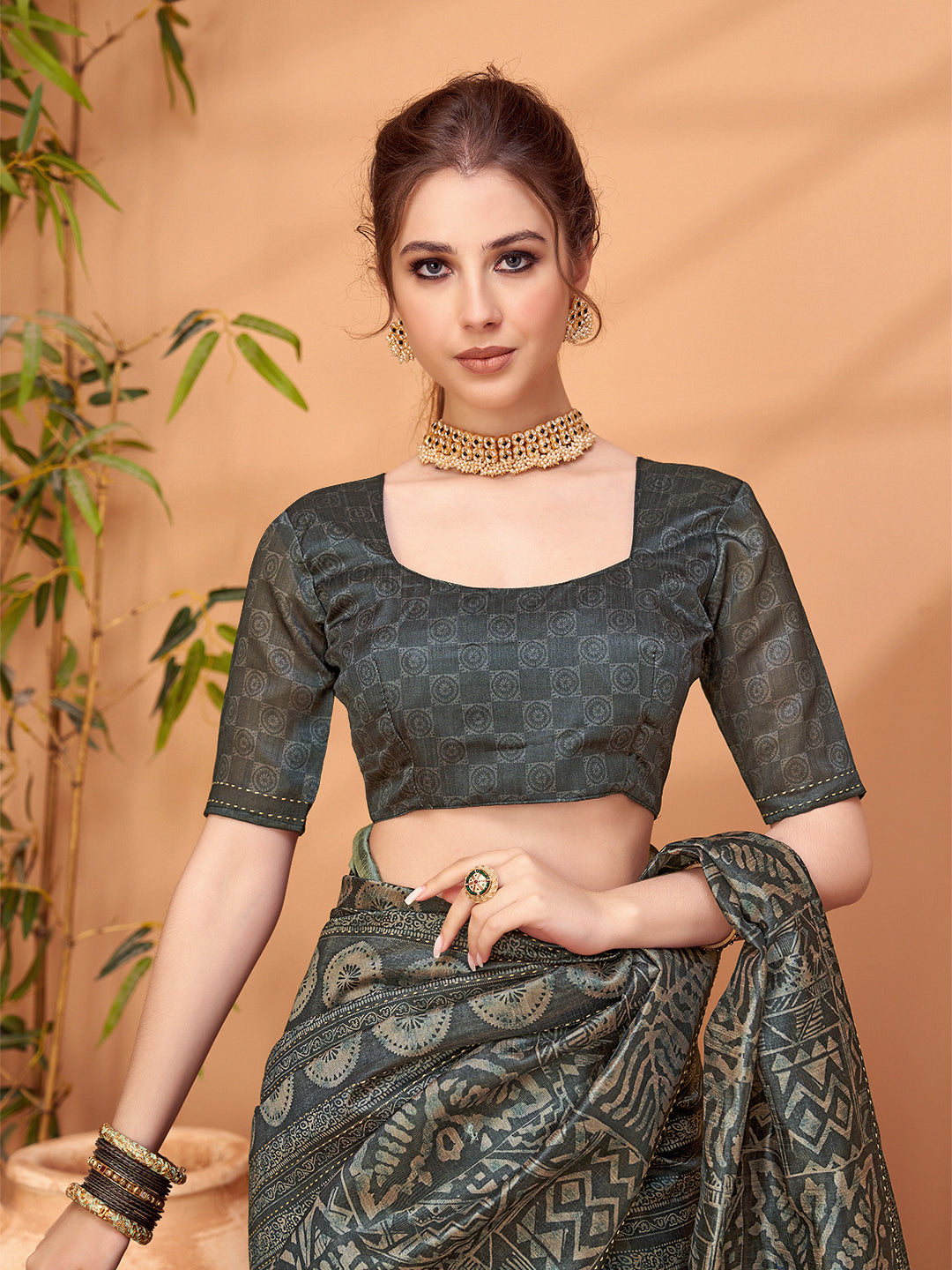 TARANG-Elegant Charcoal Grey Tribal Print Saree with Artistic Ethnic Patterns