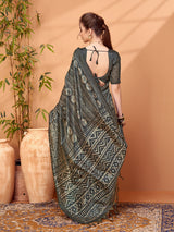 TARANG-Elegant Charcoal Grey Tribal Print Saree with Artistic Ethnic Patterns