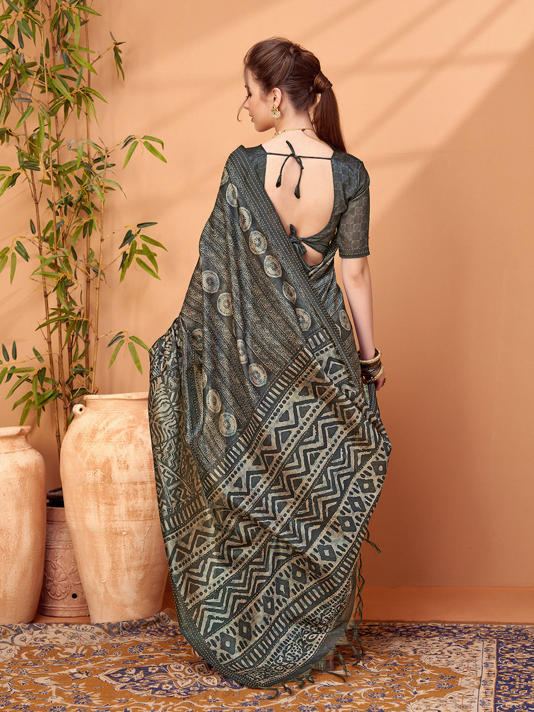 TARANG-Elegant Charcoal Grey Tribal Print Saree with Artistic Ethnic Patterns