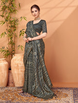 TARANG-Elegant Charcoal Grey Tribal Print Saree with Artistic Ethnic Patterns