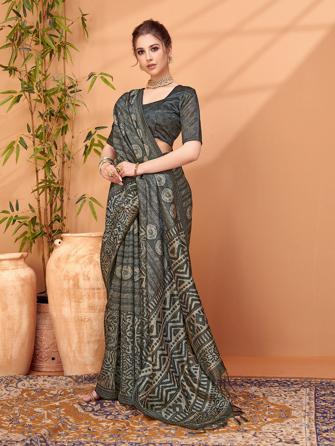 TARANG-Elegant Charcoal Grey Tribal Print Saree with Artistic Ethnic Patterns