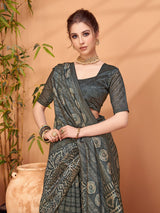 TARANG-Elegant Charcoal Grey Tribal Print Saree with Artistic Ethnic Patterns