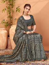 TARANG-Elegant Charcoal Grey Tribal Print Saree with Artistic Ethnic Patterns
