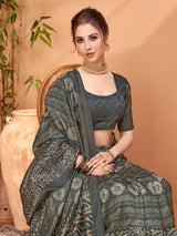 TARANG-Elegant Charcoal Grey Tribal Print Saree with Artistic Ethnic Patterns