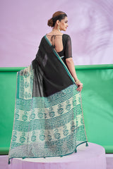 Trishya Black Artistic Print Saree-Black & Teal Heritage Print Saree