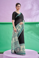 Trishya Black Artistic Print Saree-Black & Teal Heritage Print Saree