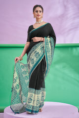 Trishya Black Artistic Print Saree-Black & Teal Heritage Print Saree