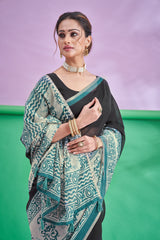 Trishya Black Artistic Print Saree-Black & Teal Heritage Print Saree