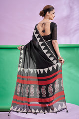 TRISHYA-Midnight Black Designer Cotton Silk Saree with Tribal Border & Paisley Pallu