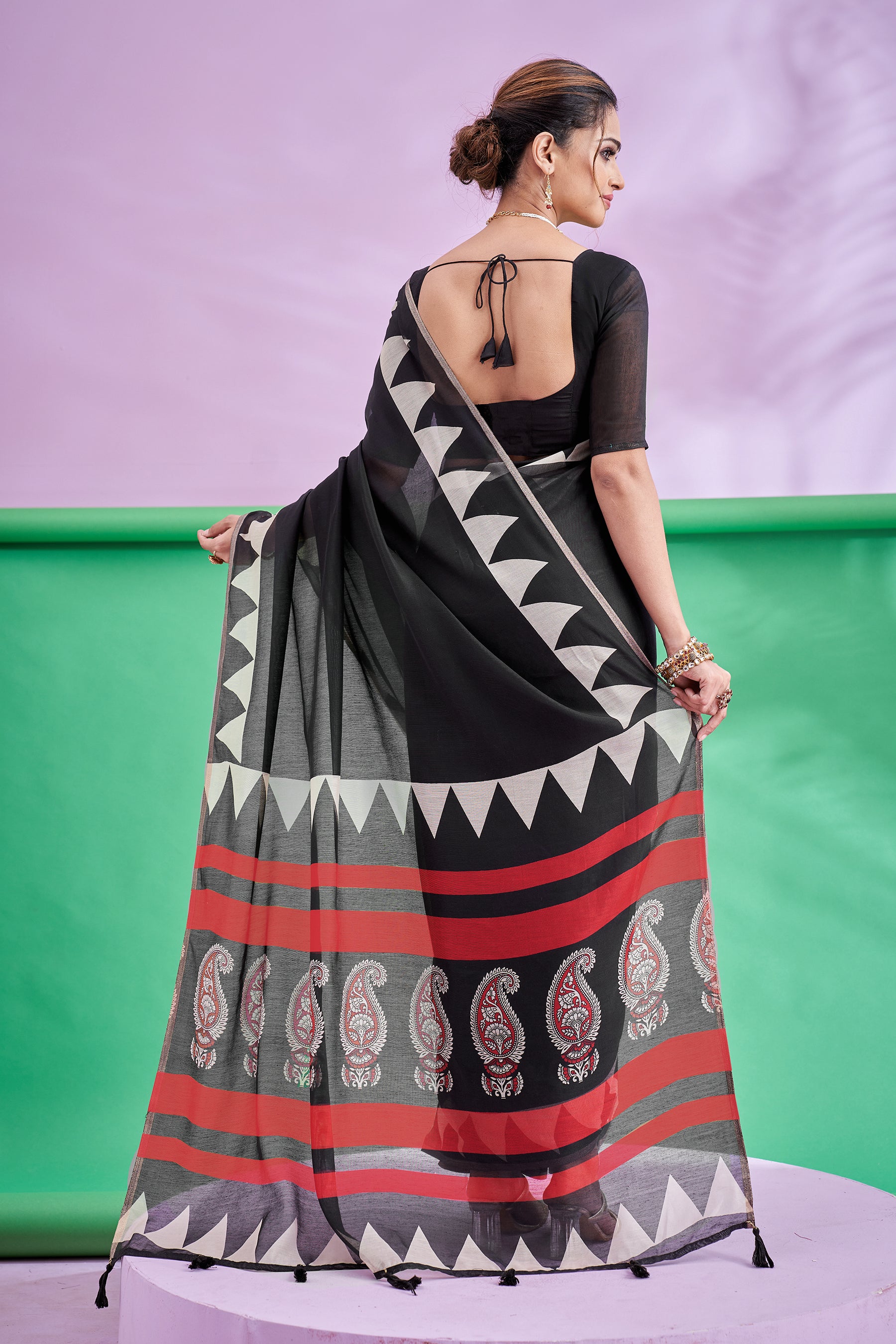 TRISHYA-Midnight Black Designer Cotton Silk Saree with Tribal Border & Paisley Pallu