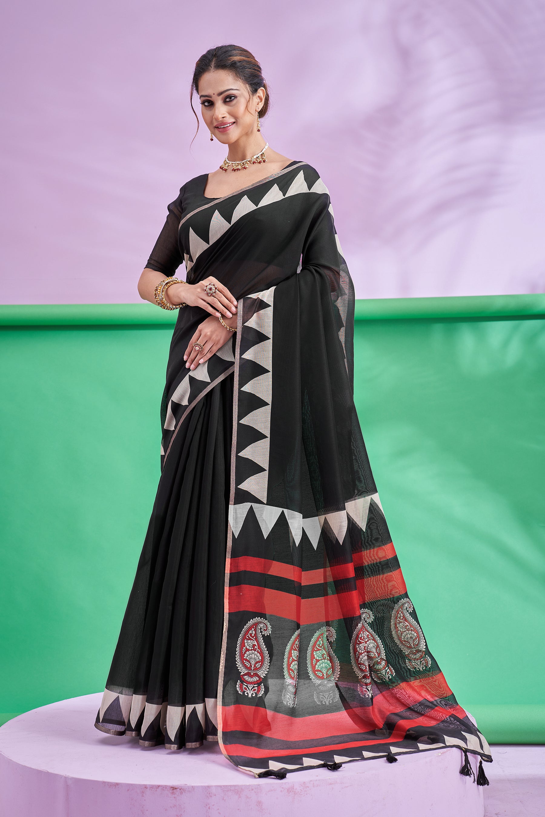 TRISHYA-Midnight Black Designer Cotton Silk Saree with Tribal Border & Paisley Pallu