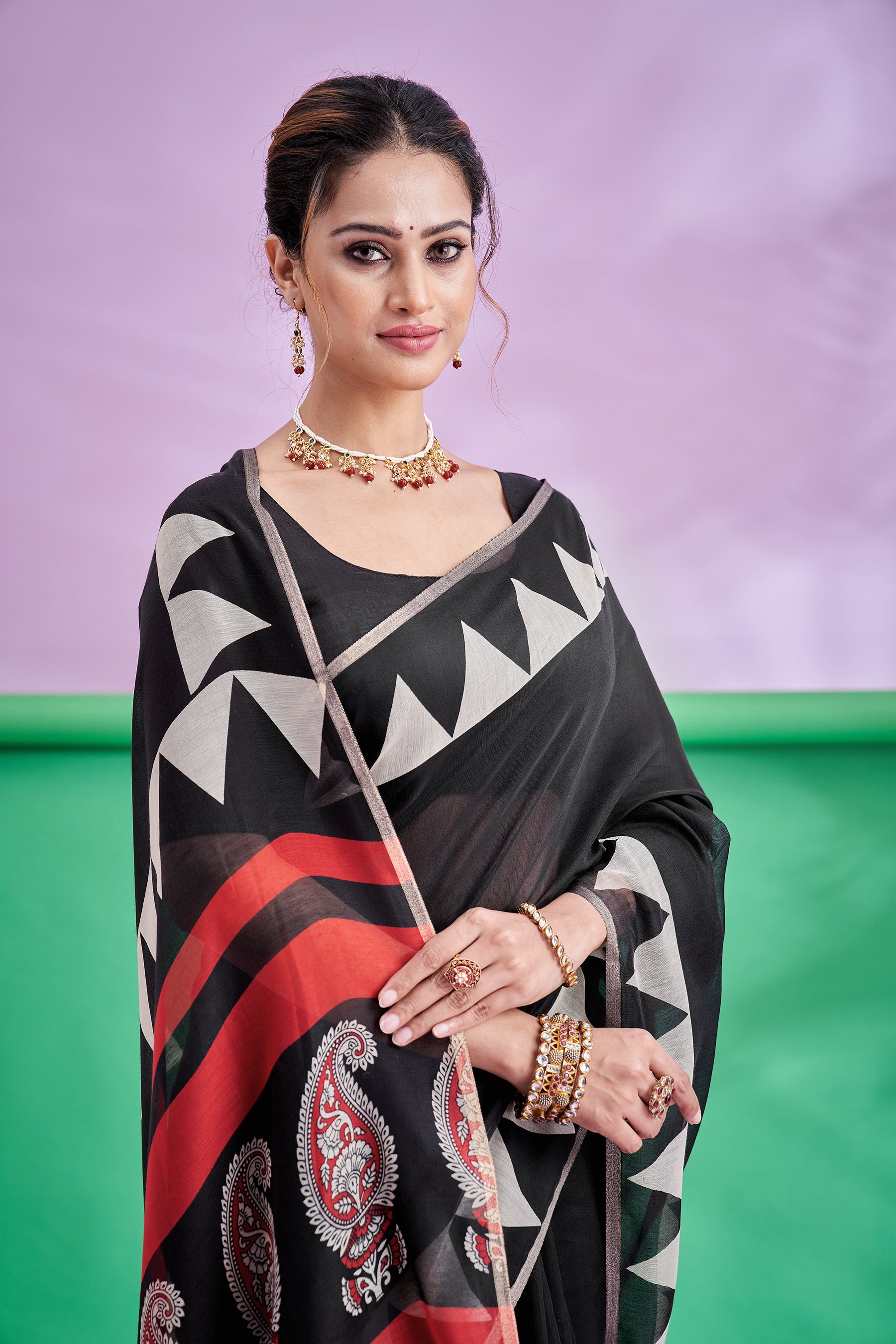 TRISHYA-Midnight Black Designer Cotton Silk Saree with Tribal Border & Paisley Pallu