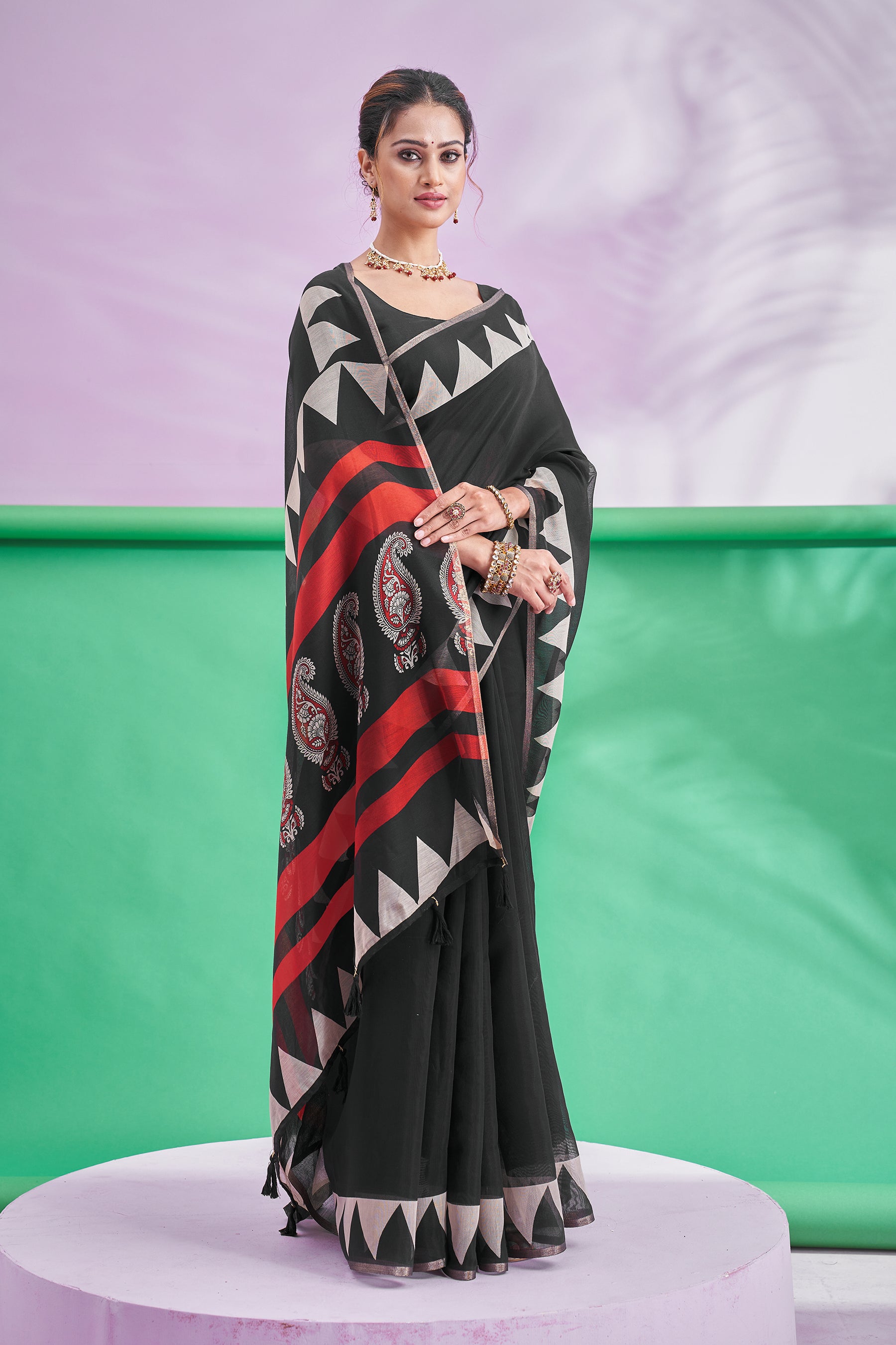 TRISHYA-Midnight Black Designer Cotton Silk Saree with Tribal Border & Paisley Pallu