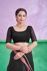 TRISHYA Midnight Black Lotus Print Designer Saree with Elegant Red Border