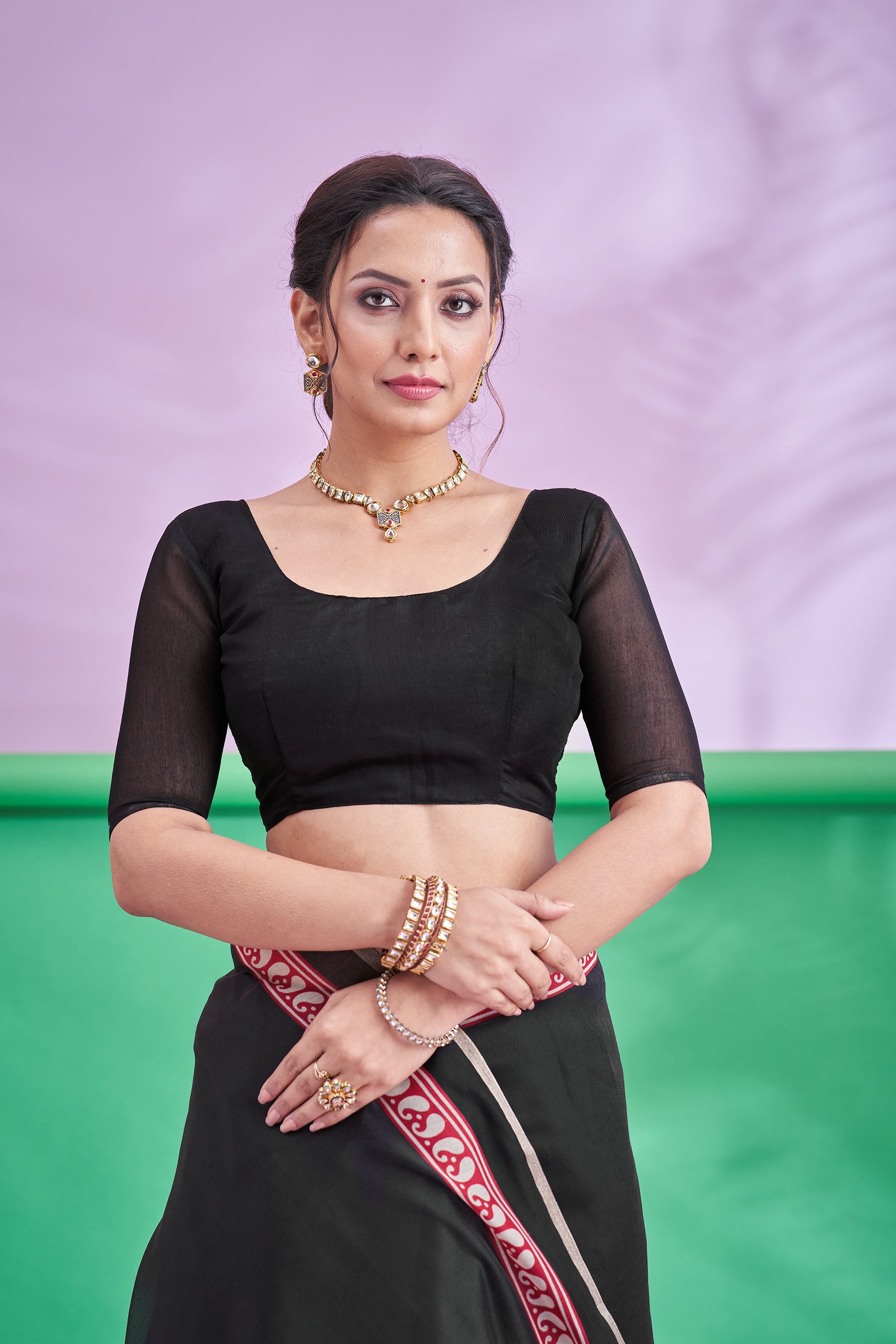 TRISHYA Midnight Black Lotus Print Designer Saree with Elegant Red Border