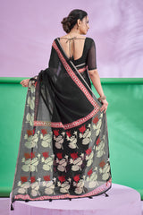 TRISHYA Midnight Black Lotus Print Designer Saree with Elegant Red Border