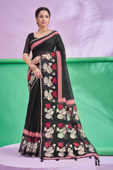 TRISHYA Midnight Black Lotus Print Designer Saree with Elegant Red Border