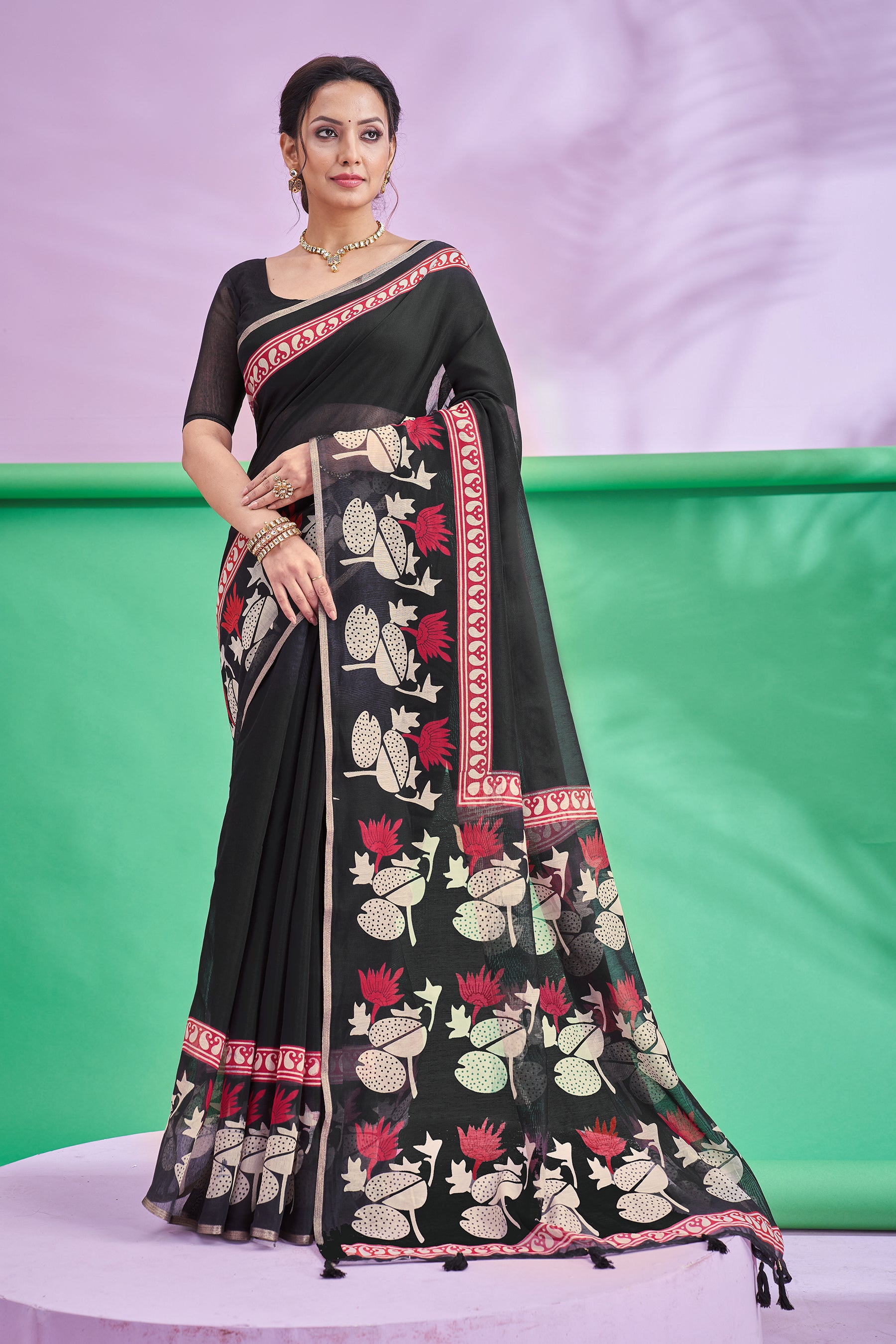 TRISHYA Midnight Black Lotus Print Designer Saree with Elegant Red Border