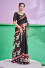 TRISHYA Midnight Black Lotus Print Designer Saree with Elegant Red Border