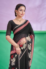 TRISHYA Midnight Black Lotus Print Designer Saree with Elegant Red Border