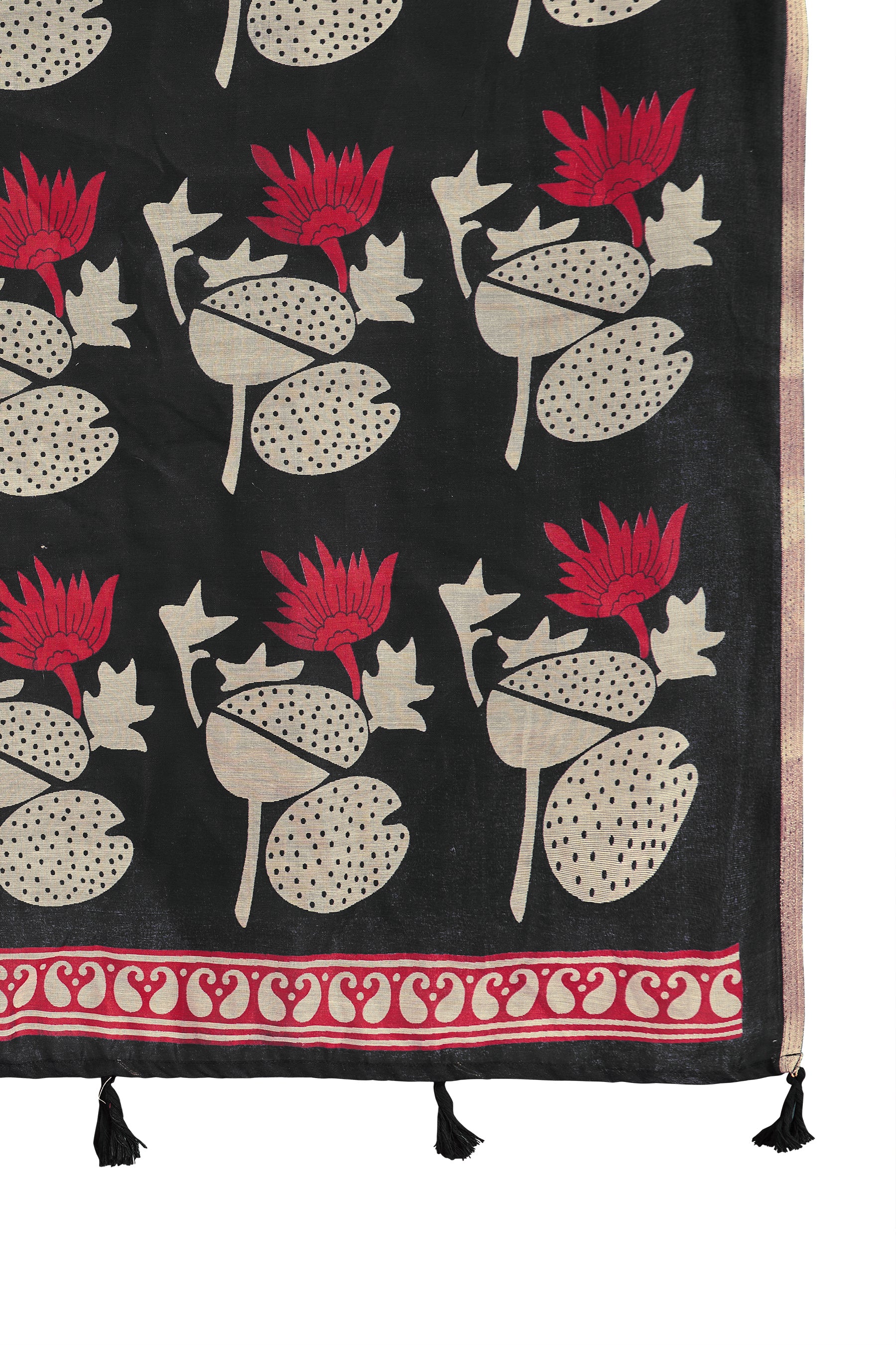 TRISHYA Midnight Black Lotus Print Designer Saree with Elegant Red Border
