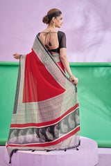 TRISHYA Crimson Elegance Designer Printed Saree with Black Artistic Border