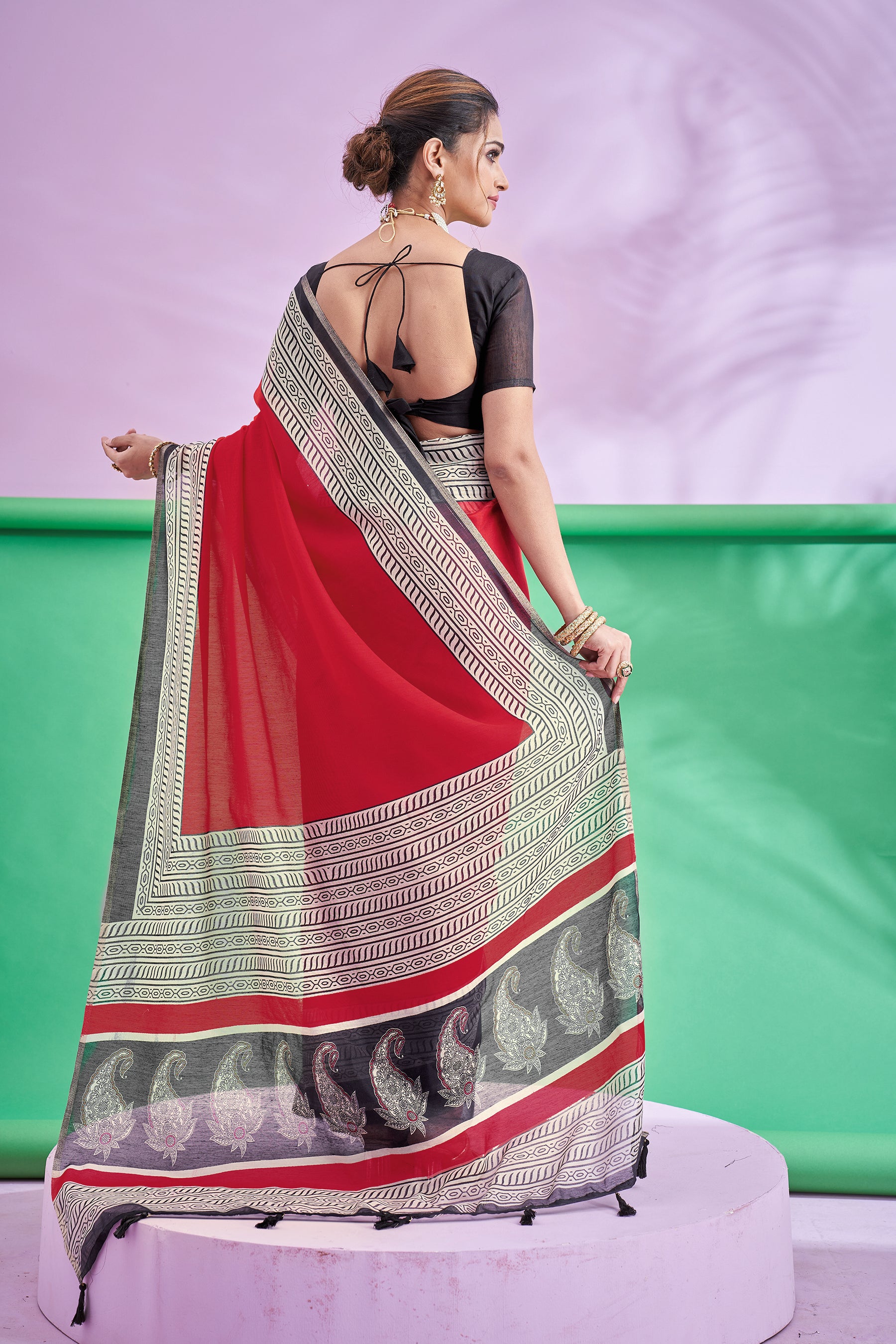 TRISHYA Crimson Elegance Designer Printed Saree with Black Artistic Border