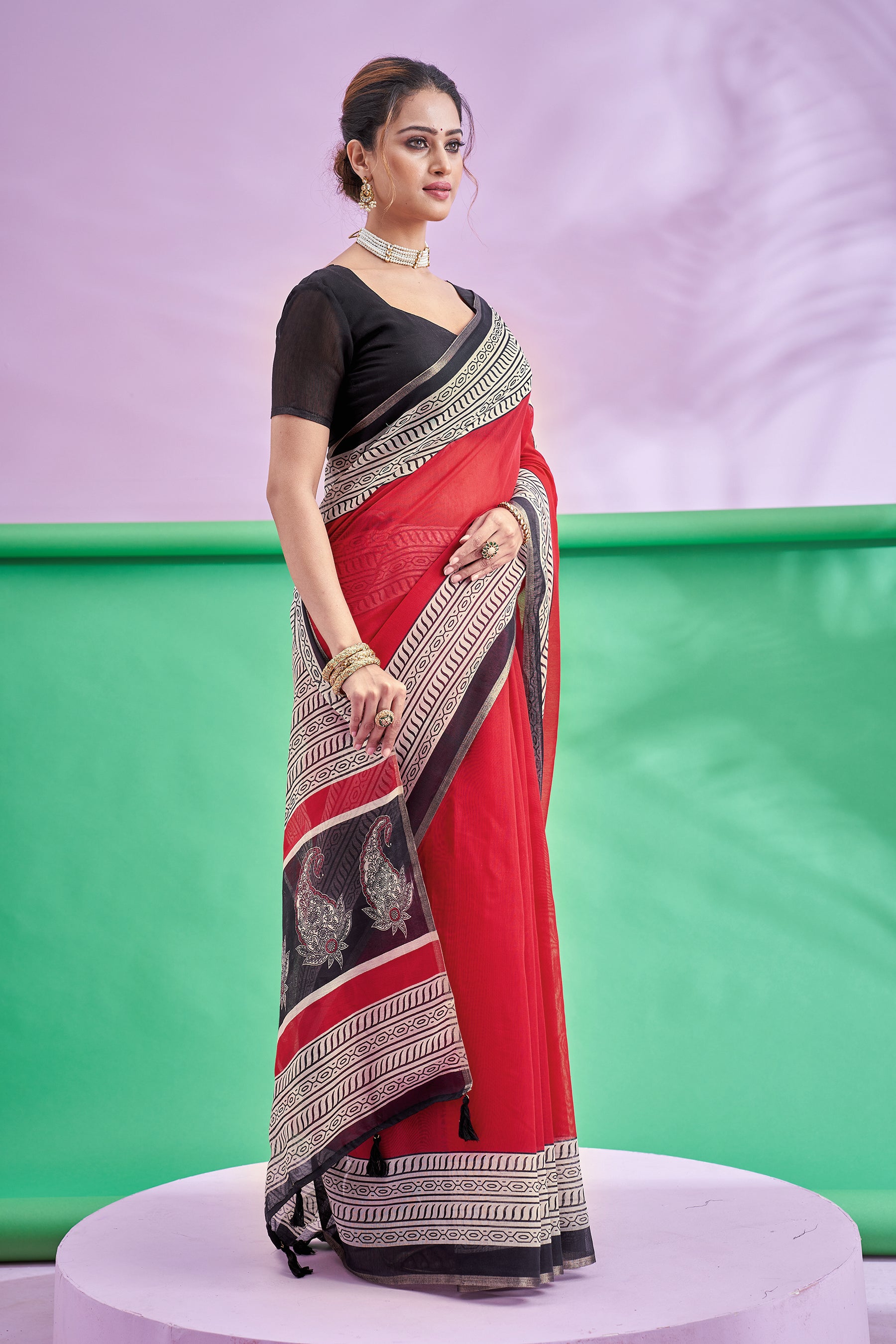 TRISHYA Crimson Elegance Designer Printed Saree with Black Artistic Border