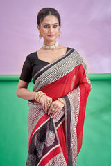 TRISHYA Crimson Elegance Designer Printed Saree with Black Artistic Border