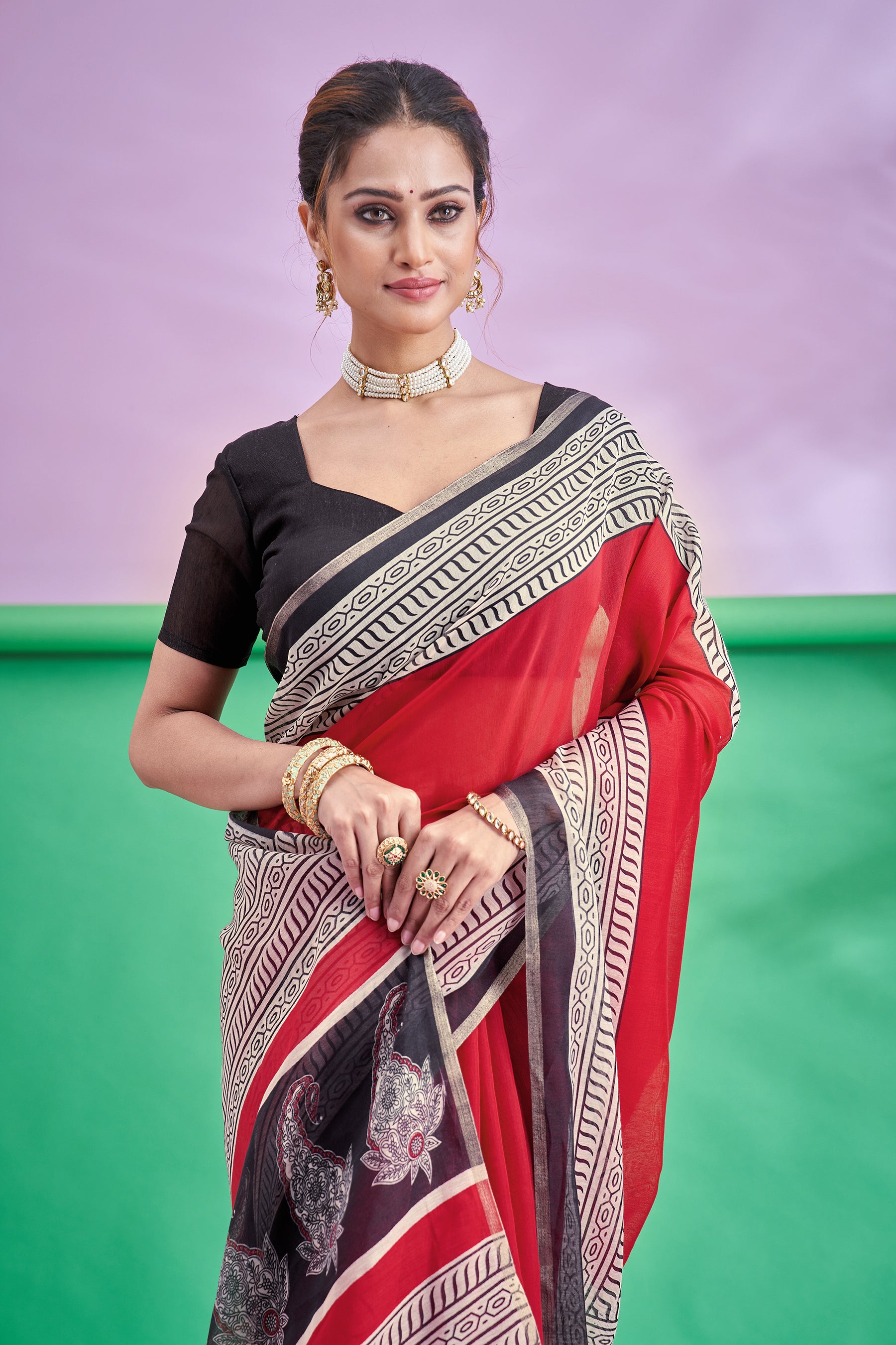 TRISHYA Crimson Elegance Designer Printed Saree with Black Artistic Border