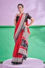 TRISHYA Crimson Elegance Designer Printed Saree with Black Artistic Border
