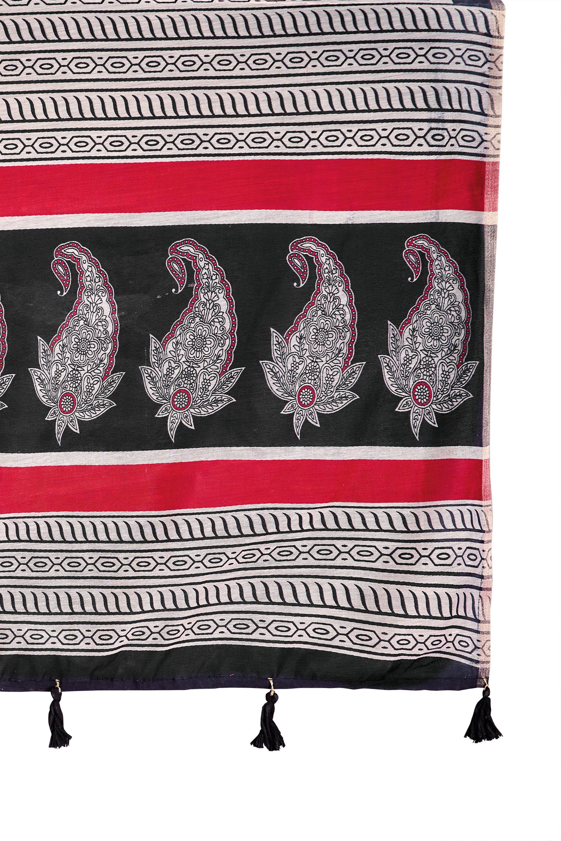 TRISHYA Crimson Elegance Designer Printed Saree with Black Artistic Border