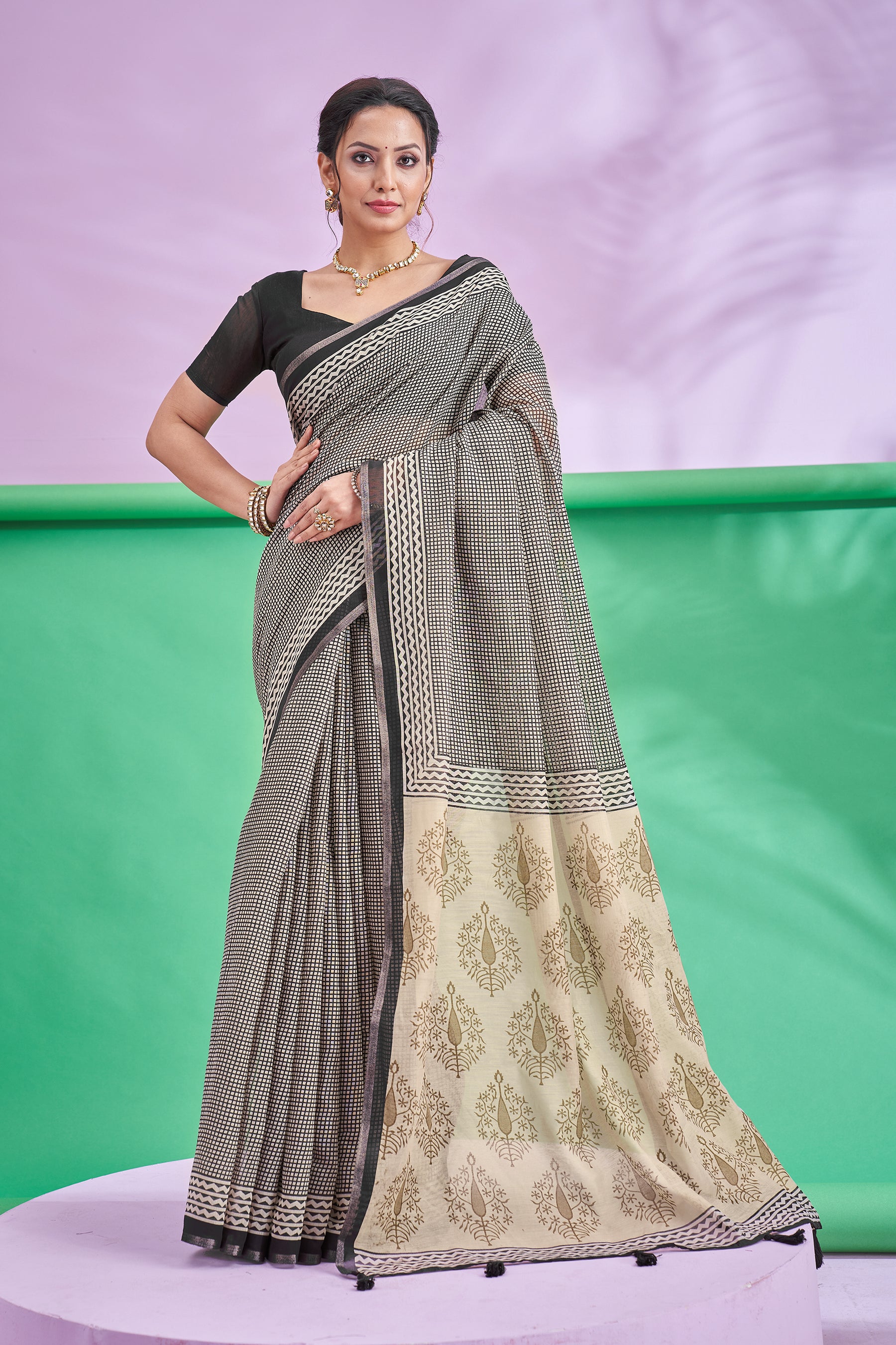 TRISHYA Midnight Ivory Heritage Saree
