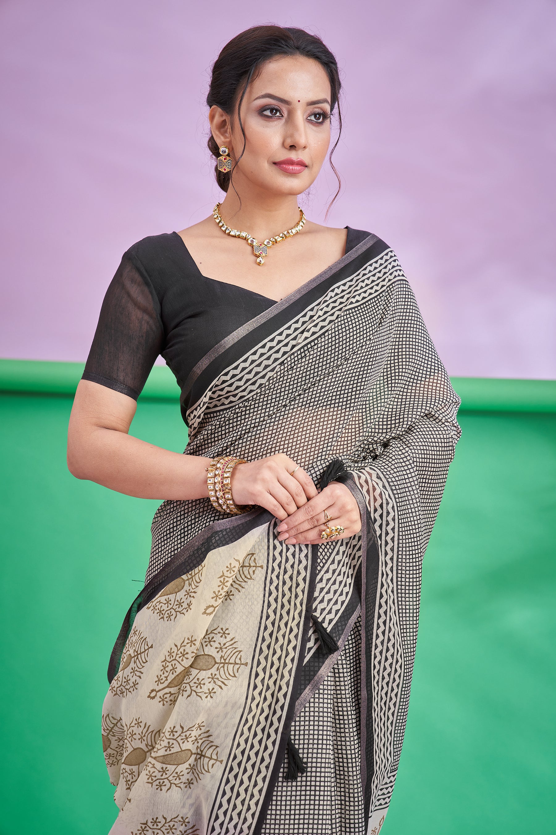 TRISHYA Midnight Ivory Heritage Saree