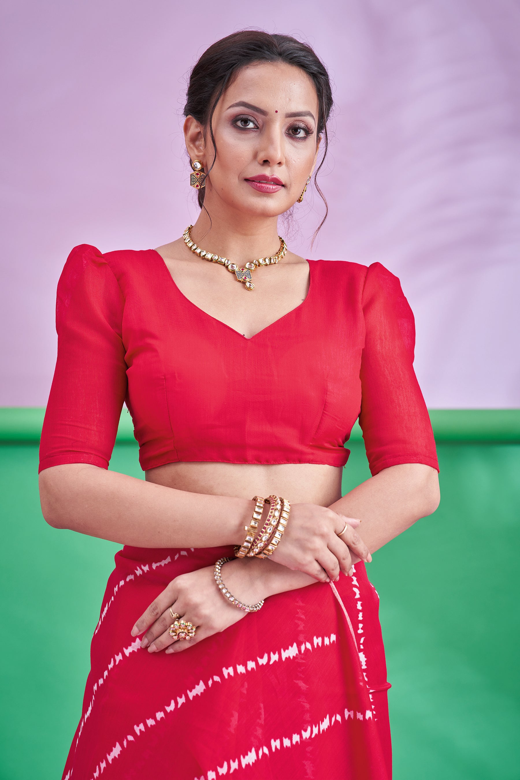 TRISHYA Radiant Ruby Shibori Elegance Saree