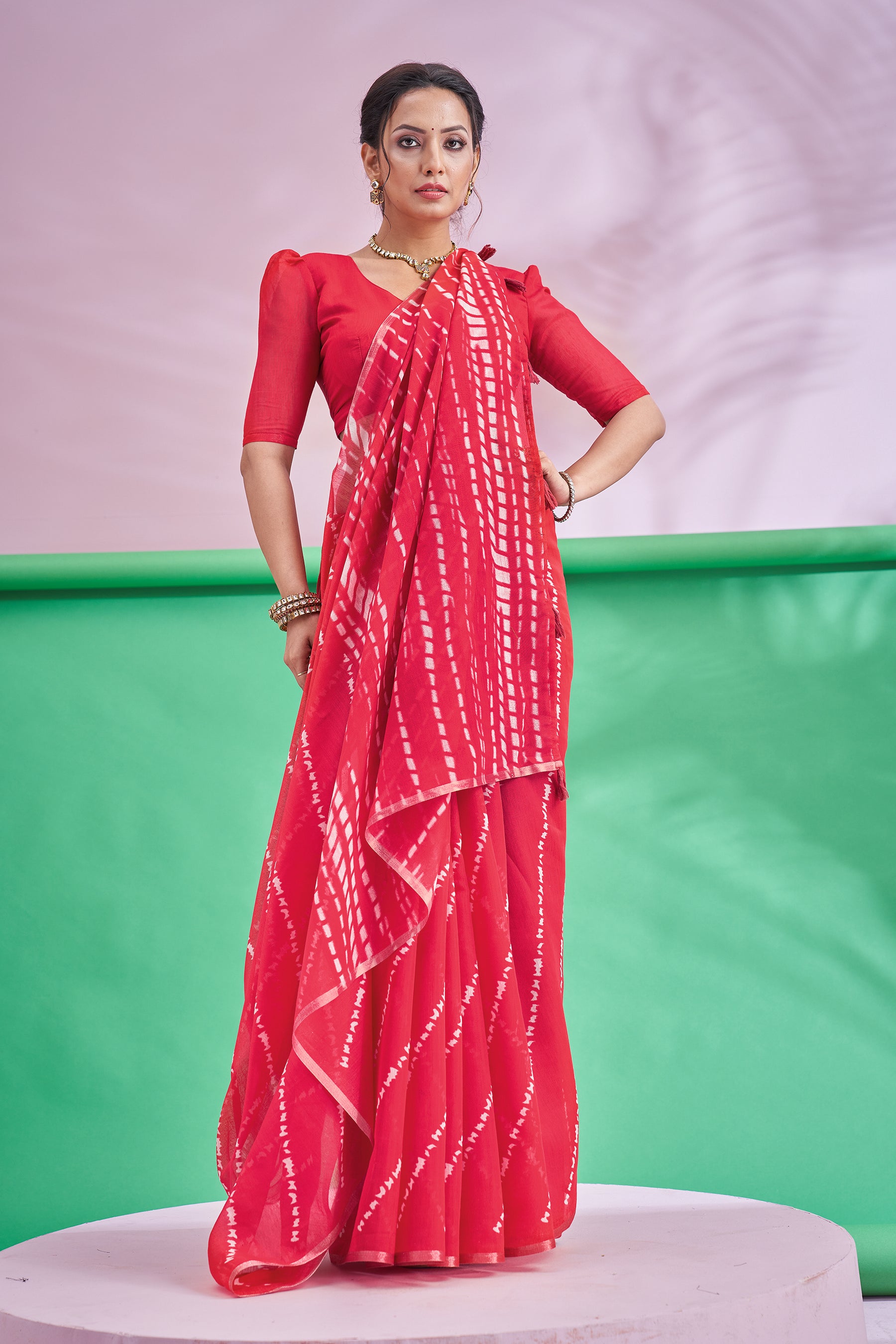 TRISHYA Radiant Ruby Shibori Elegance Saree