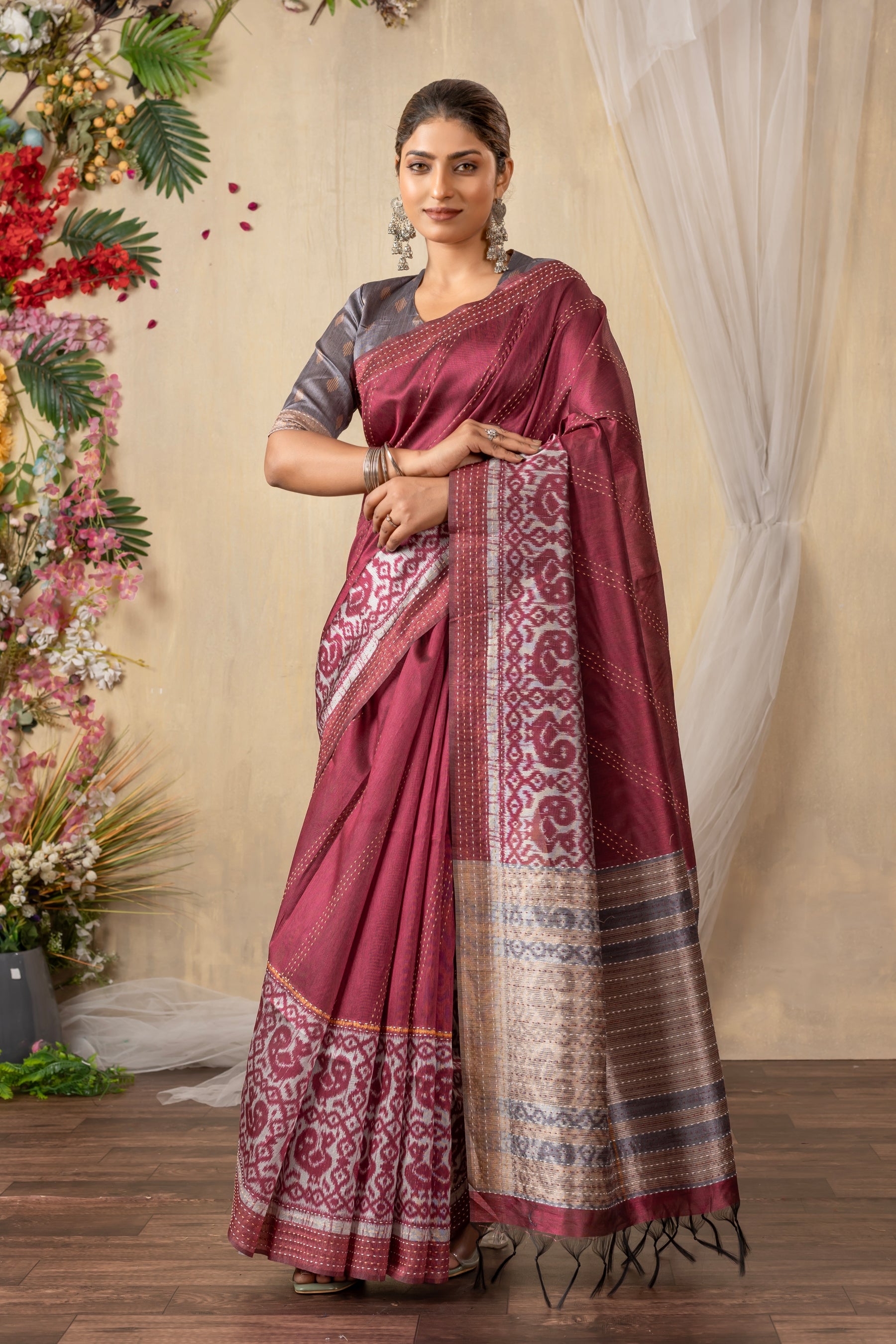 TARANG Royal Wine Ikat Saree