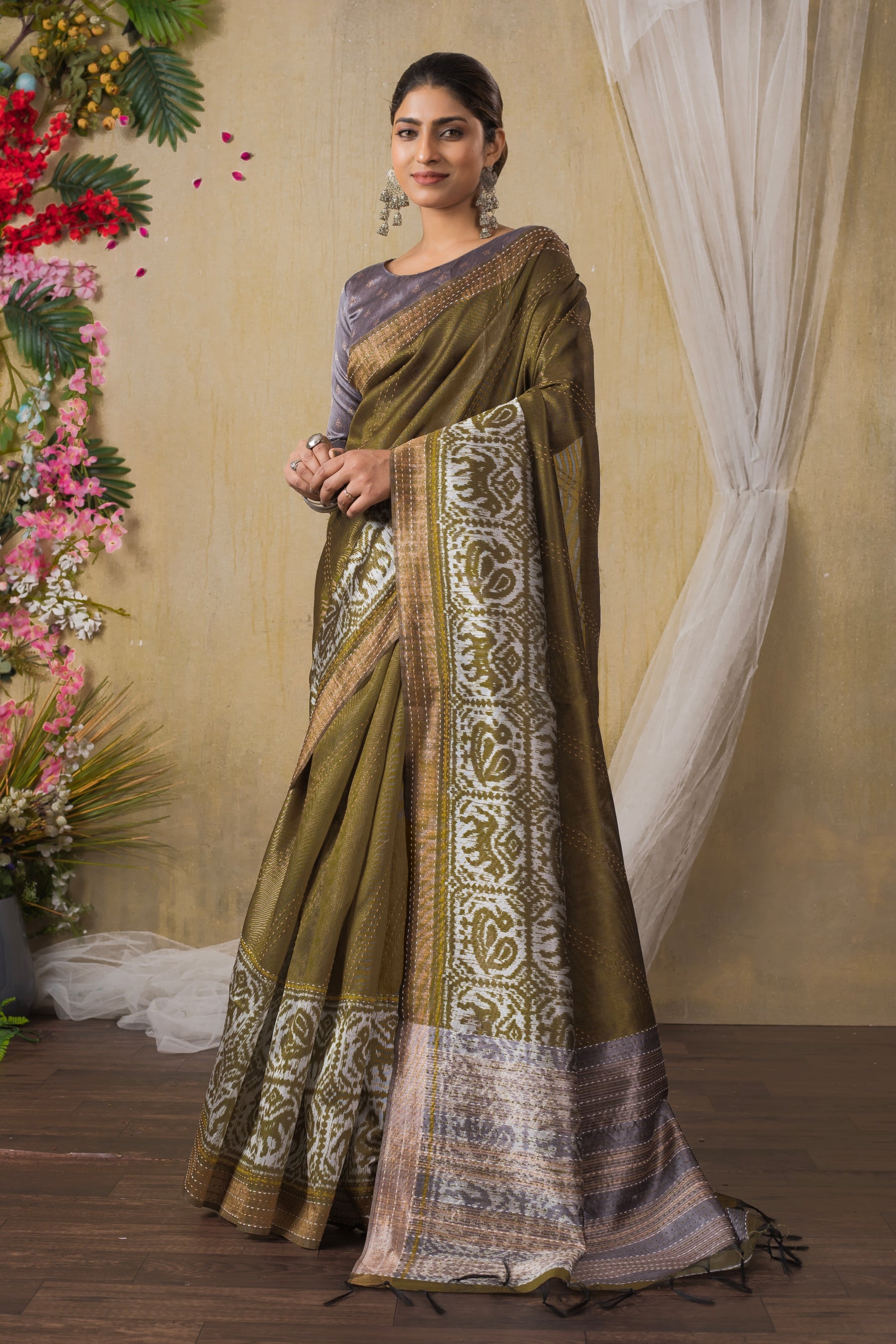 TARANG Olive Aura Ikat Silk Saree