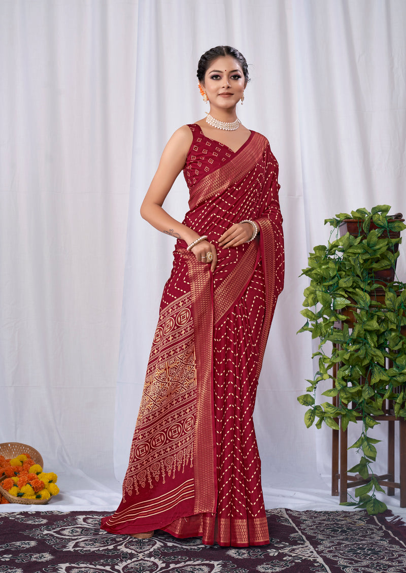 UNIVERSE Dola Silk Saree Zig Zag Leheriya Pattern Designer Pallu Zari Weaving Border saree - Apple Lifestyle