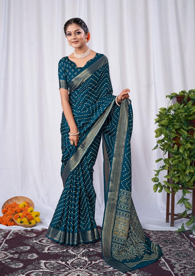 UNIVERSE Dola Silk Saree Zig Zag Leheriya Pattern Designer Pallu Zari Weaving Border - Apple Lifestyle