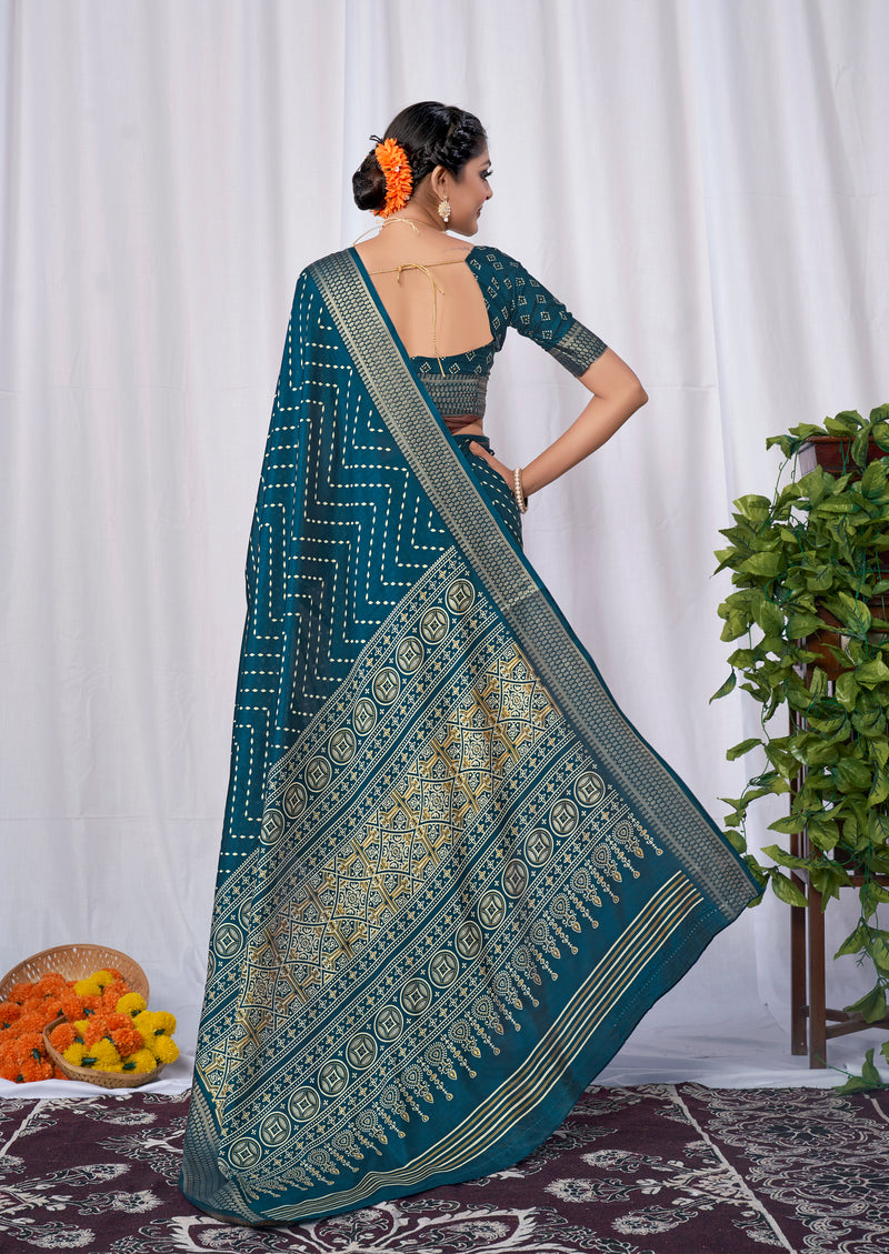 UNIVERSE Dola Silk Saree Zig Zag Leheriya Pattern Designer Pallu Zari Weaving Border - Apple Lifestyle