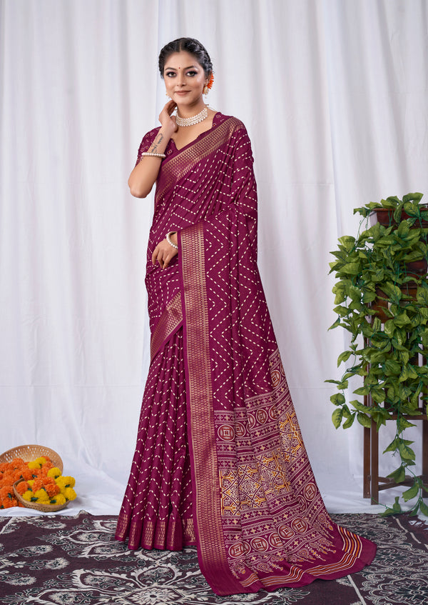 UNIVERSE Dola Silk Saree Zig Zag Leheriya Pattern Designer Pallu Zari Weaving Border - Apple Lifestyle