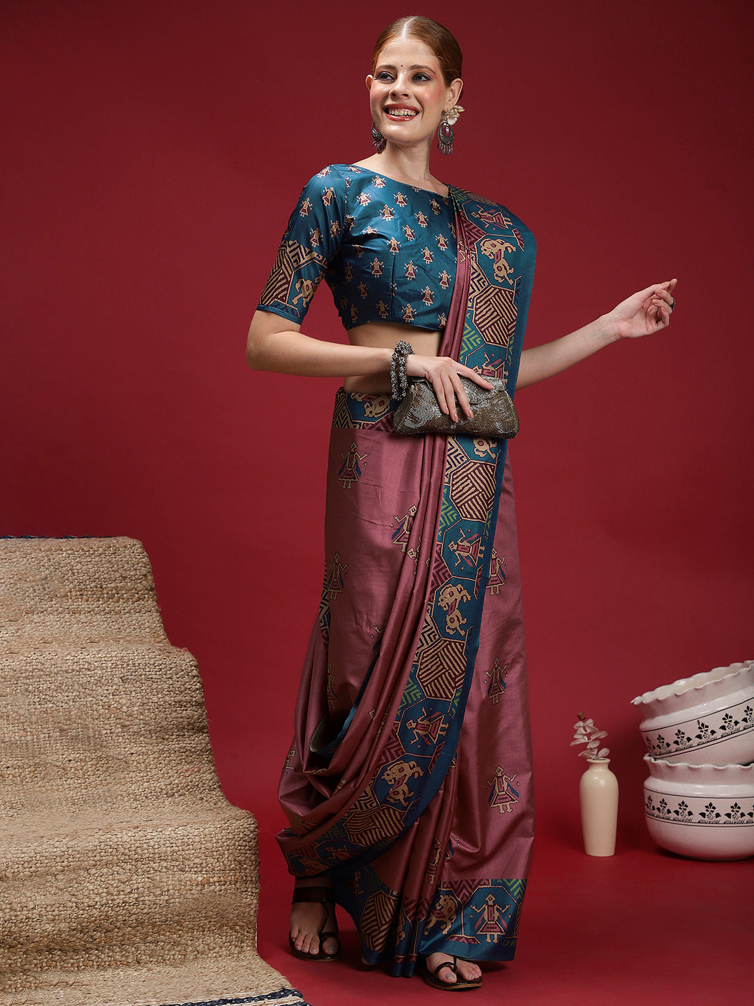 GULABI NAGRI-Royal Tribal Weave Pink & Teal Saree