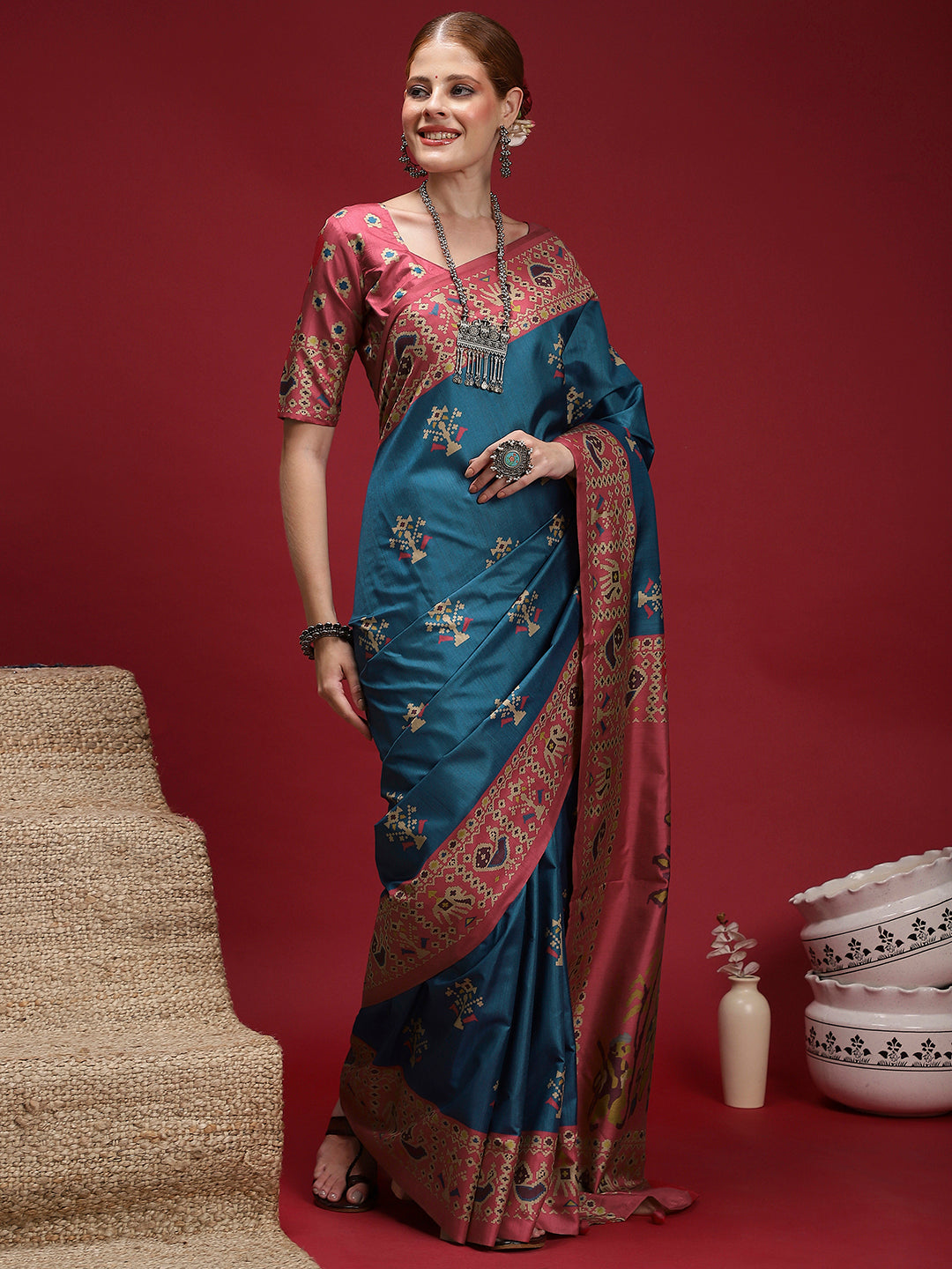 GULABI NAGRI-Royal Teal & Pink Patola Inspired Saree