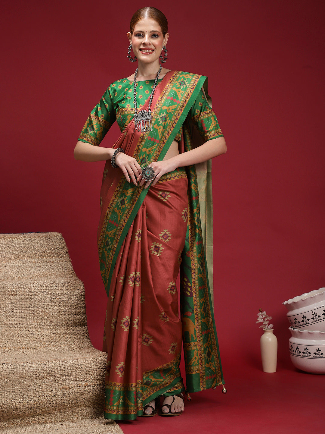 GULABI NAGRI-Elegant peach and green color combination with traditional woven design
