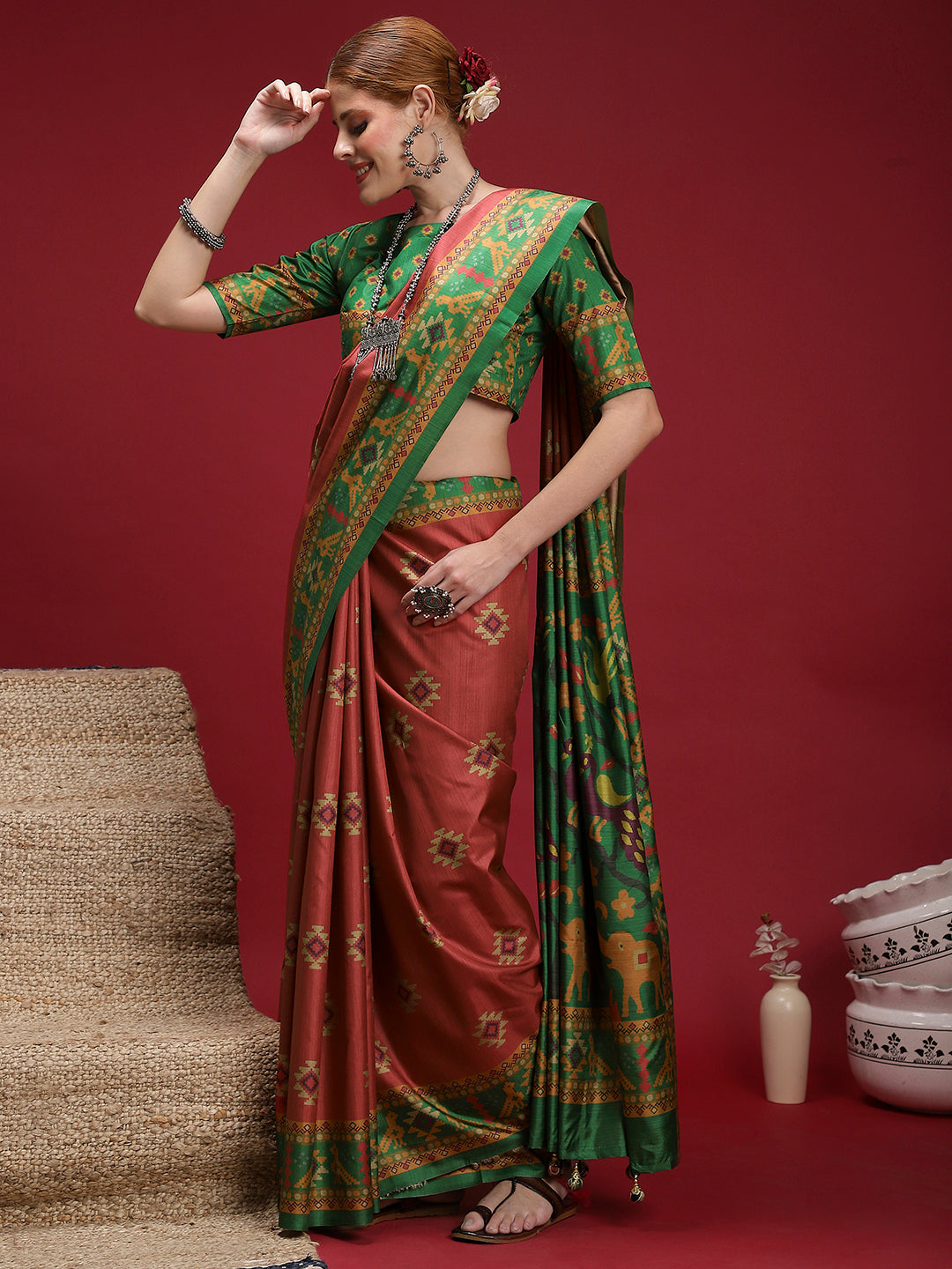 GULABI NAGRI-Elegant peach and green color combination with traditional woven design