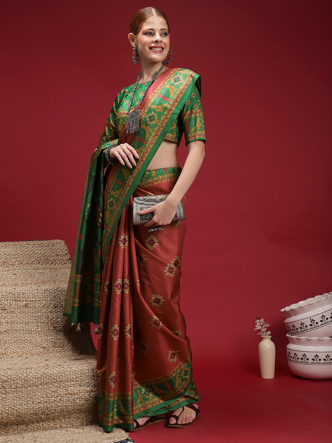 GULABI NAGRI-Elegant peach and green color combination with traditional woven design