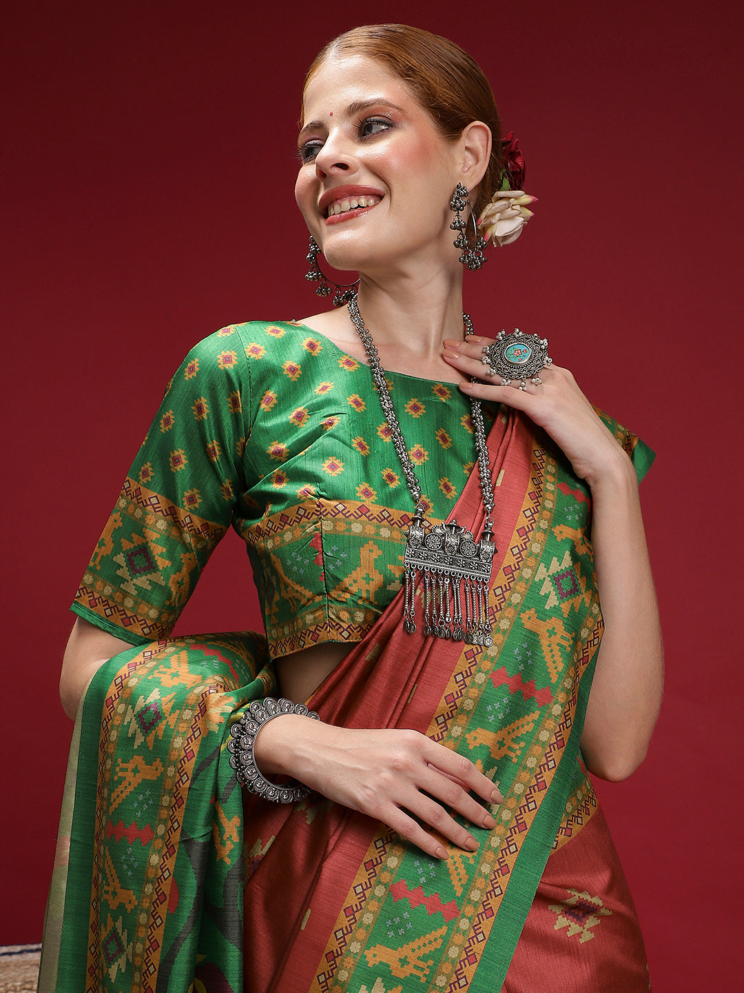 GULABI NAGRI-Elegant peach and green color combination with traditional woven design