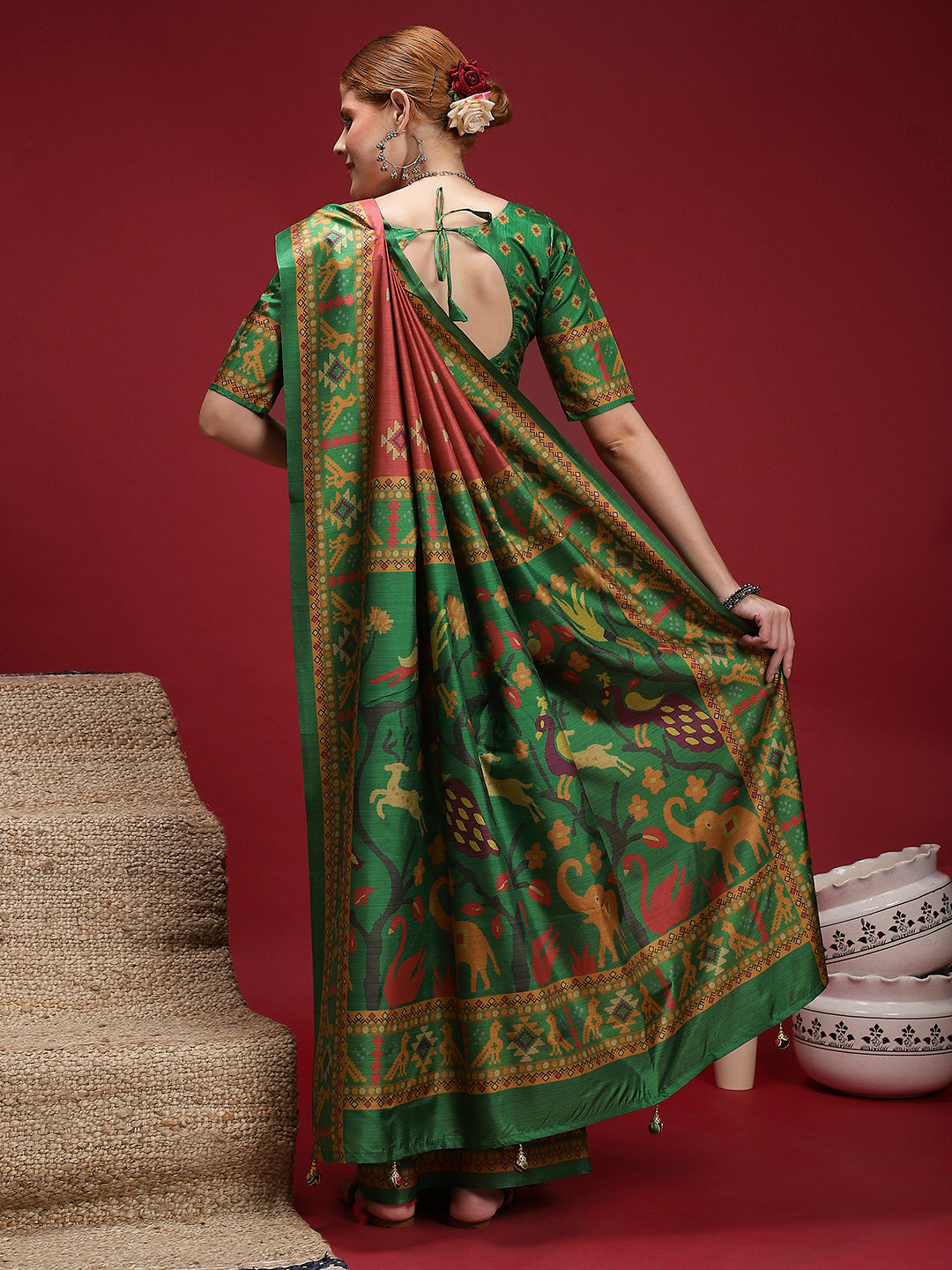 GULABI NAGRI-Elegant peach and green color combination with traditional woven design